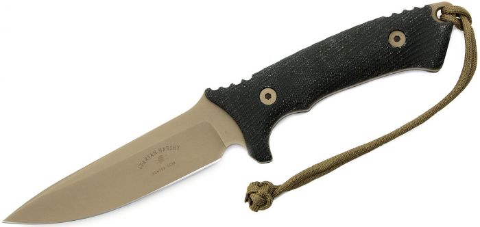 Нож с фиксированным клинком Spartan Blades Harsey Difensa, сталь CPM-S35VN Flat Dark Earth, рукоять черная микарта, чехол песочный