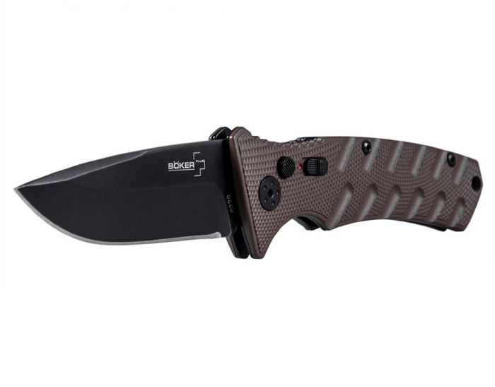 Автоматический складной нож Boker Plus Strike Coyote Spearpoint, сталь AUS-8 BlackWash™ Plain, рукоять анодированный алюминий, BK01BO424