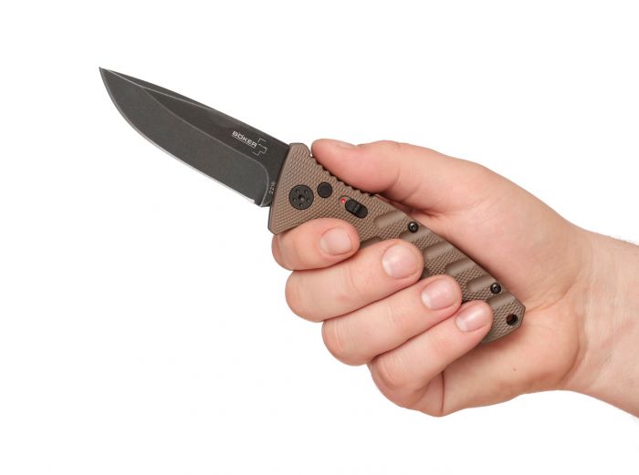 Автоматический складной нож Boker Plus Strike Coyote Spearpoint, сталь AUS-8 BlackWash™ Plain, рукоять анодированный алюминий, BK01BO424