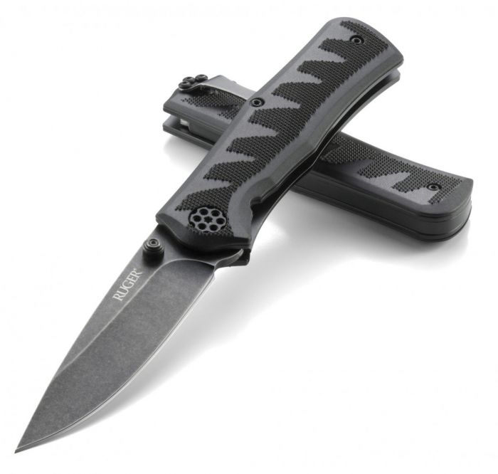 Полуавтоматический складной нож Ruger® Knives Crack-Shot™ Compact, Ken Steigerwalt Design, лезвие Blackwashed Plain 8Cr13MOV, рукоять термопластик/резина