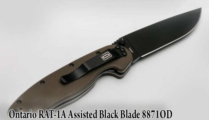 Полуавтоматический складной нож RAT-1A, Assisted. Black Blade, Olive Drab G-10 Handle