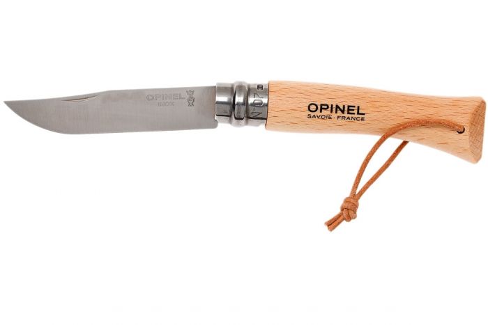 Складной Нож Opinel Stainless steel №8, нержавеющая сталь Sandvik 12C27, бук, 001321, с кожаным темляком