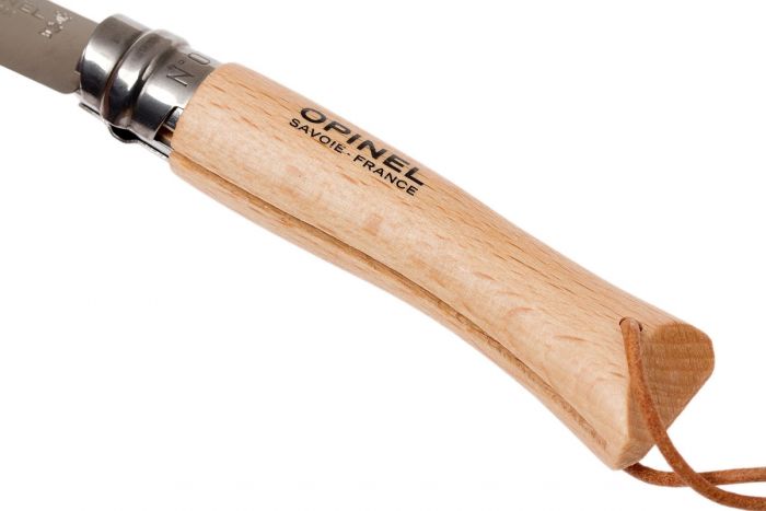 Складной Нож Opinel Stainless steel №8, нержавеющая сталь Sandvik 12C27, бук, 001321, с кожаным темляком