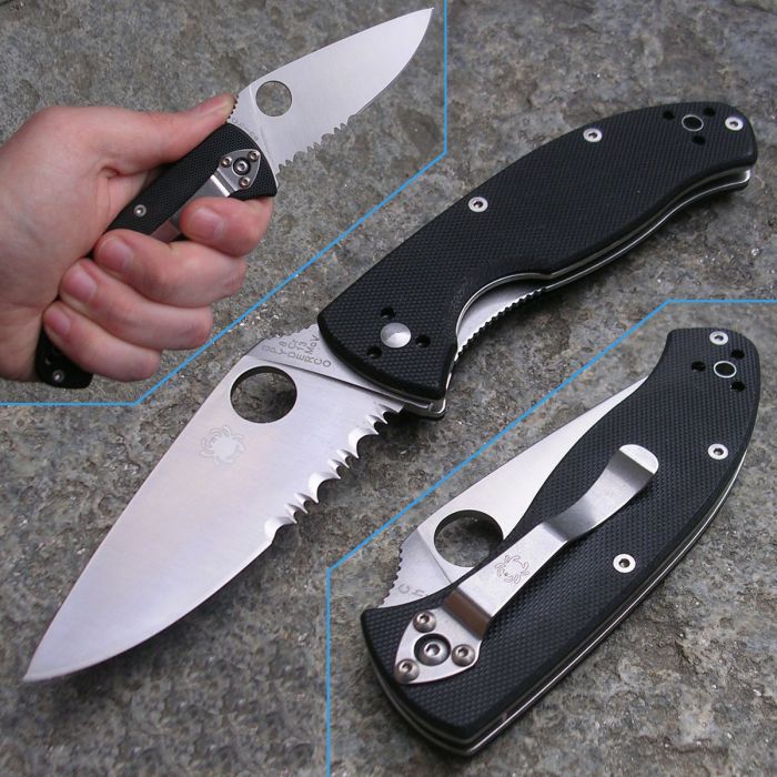 Нож складной Tenacious Spyderco 122GPS, сталь 8Cr13MOV Satin Combo, рукоять стеклотекстолит G-10, чёрный